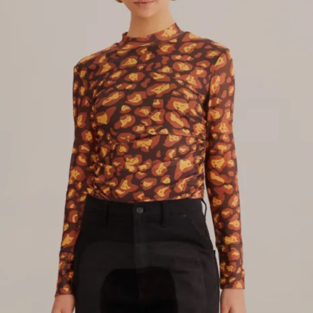 FARM RIO🤎Vibrant Brown Leopard Desire Tulle Blouse. Size S